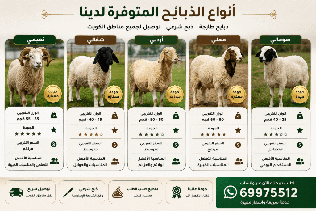 أنواع ذبايح بالكويت تشمل النعيمي والشفالي والأردني والصومالي مع توصيل سريع