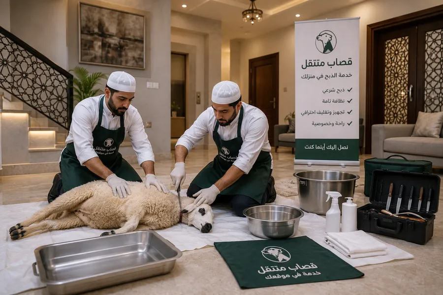 قصاب متنقل يقدم خدمة الذبح في المنزل بالكويت مع مساعد وتجهيزات احترافية وفق الشريعة الإسلامية.